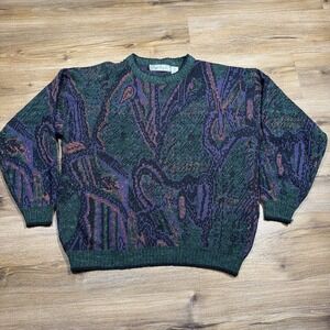 Vintage Bugle Boy Sweater Abstract Paisley Green Purple Print Streetwear Mens XL